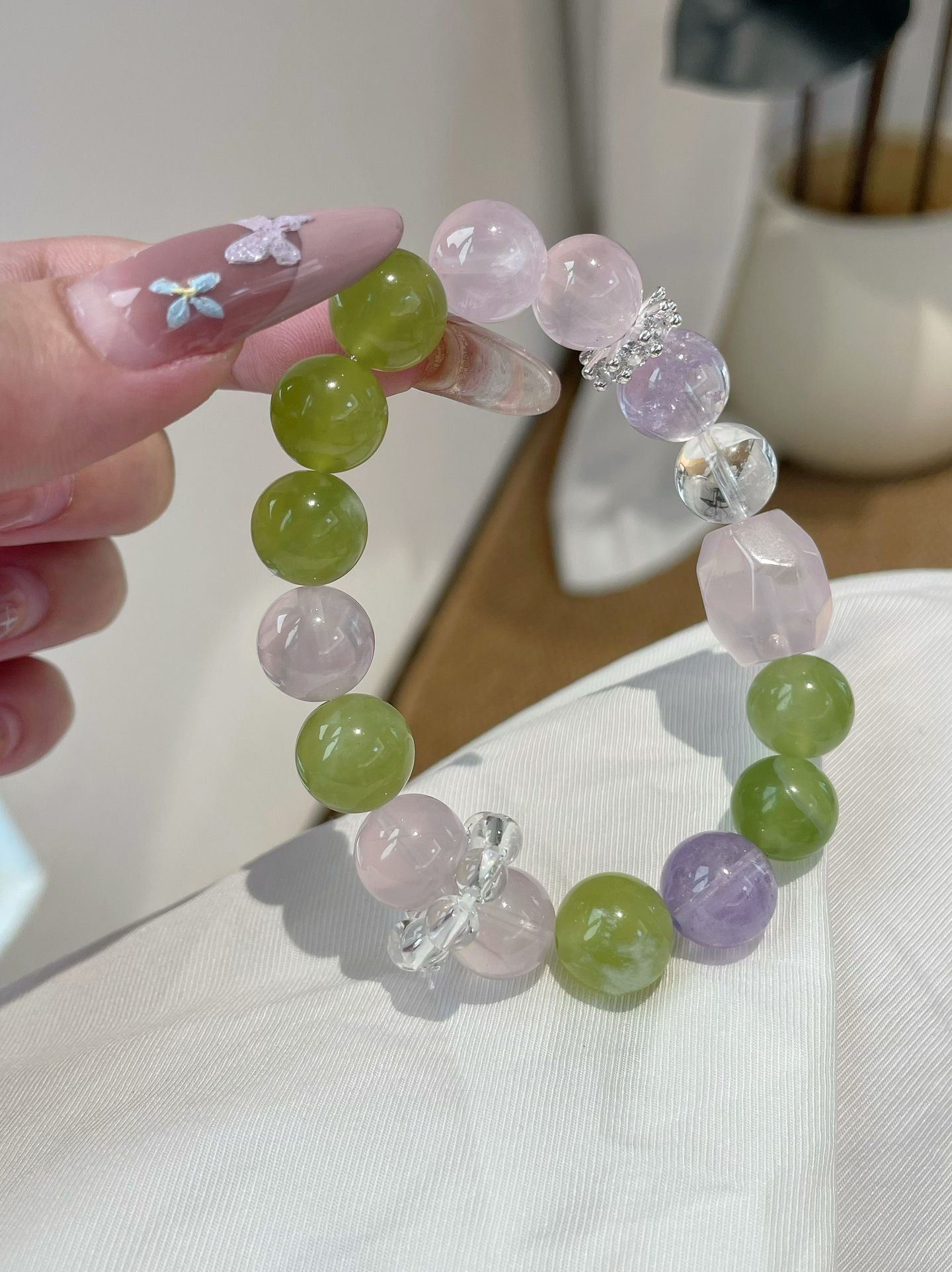 Pastel Harmony – Green Jade, Purple Chalcedony & Rose Quartz Bracelet