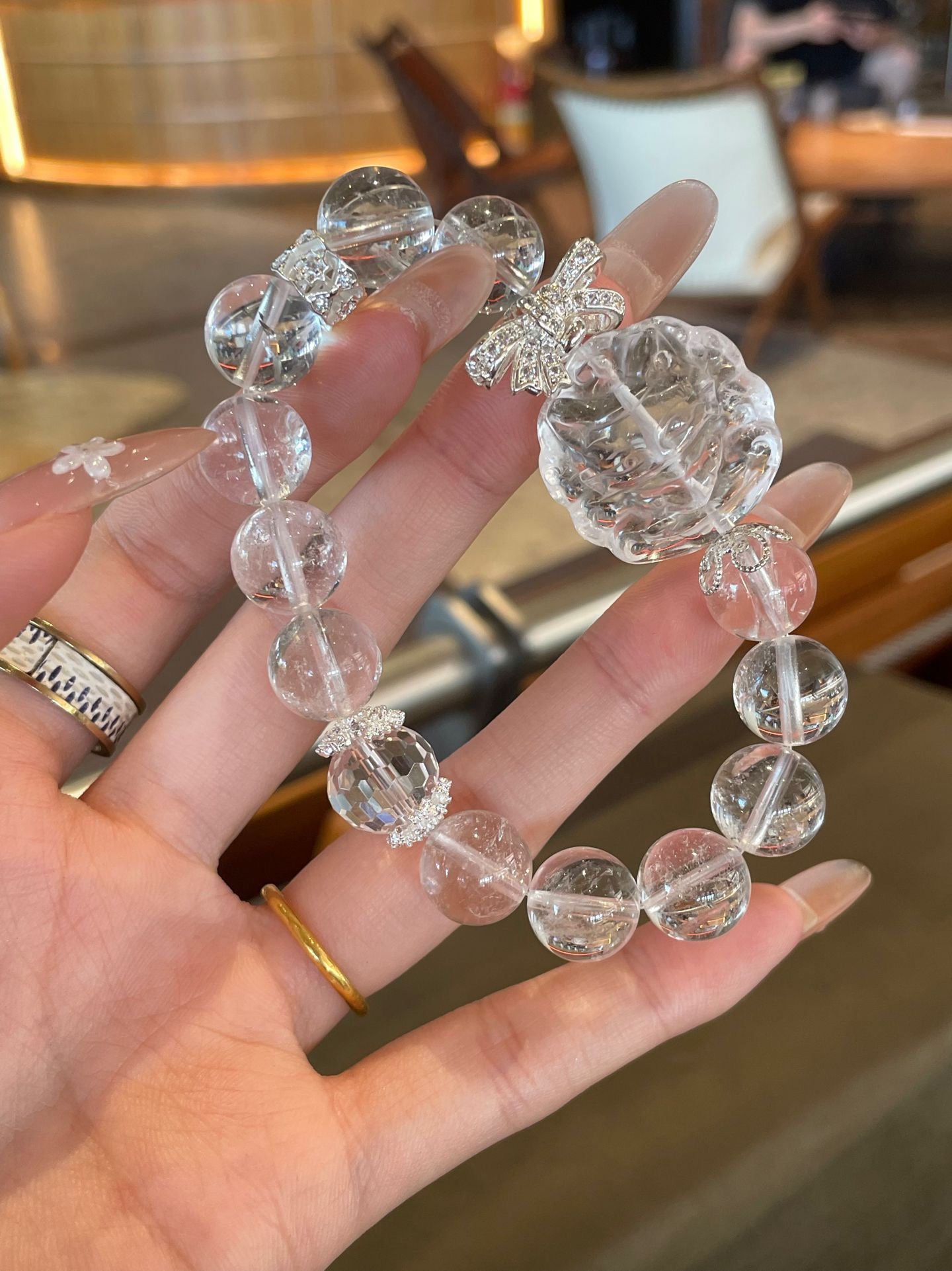 Crystal Whisper– Clear Quartz Carving Bracelet with Silver Bow Charm