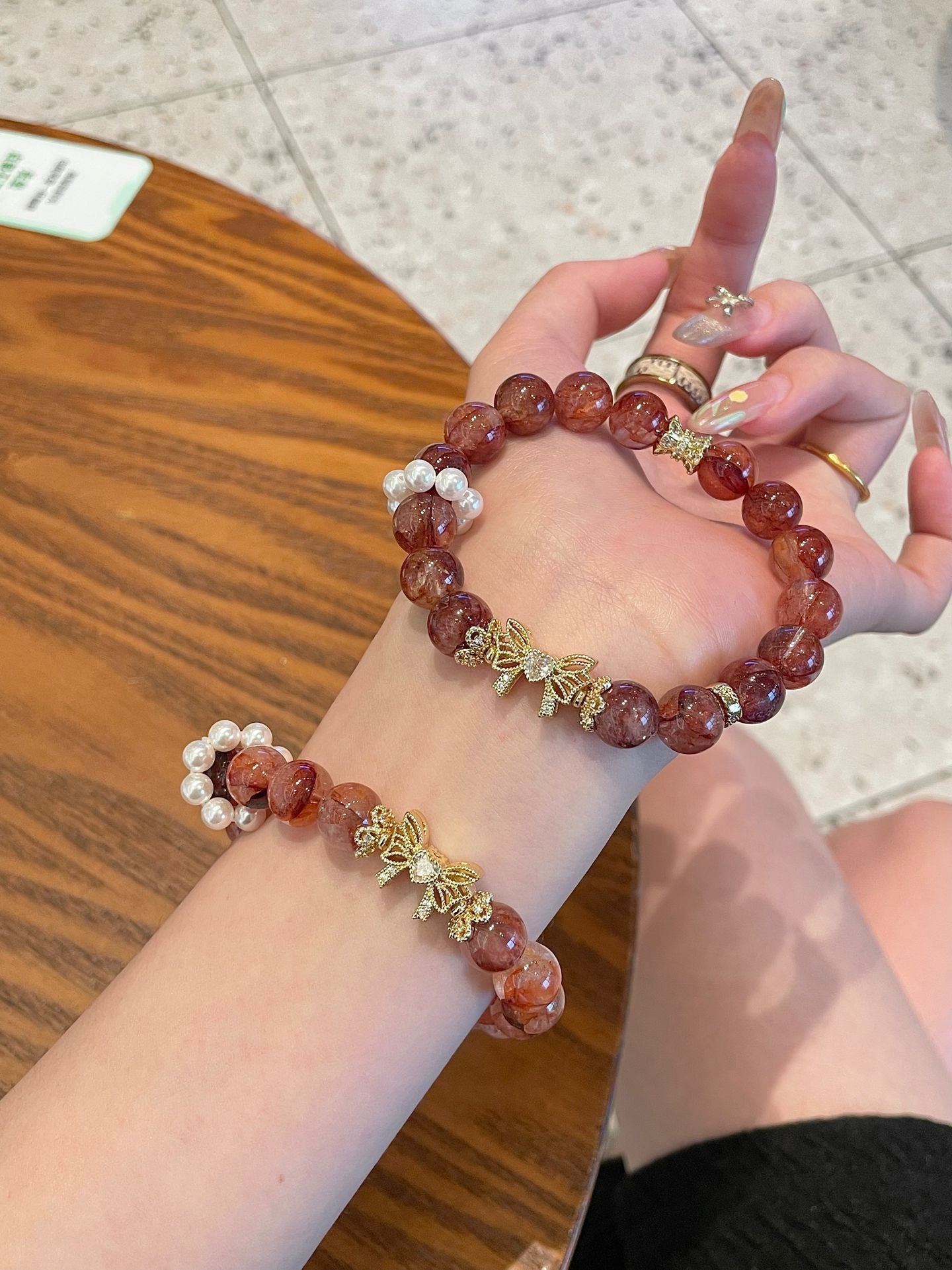Red Phantom Quartz Bracelet with Golden Bow Charm