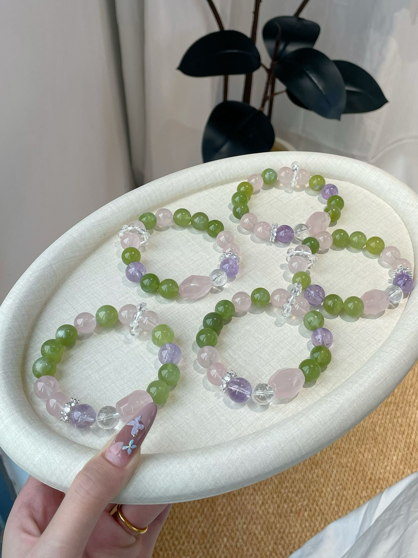 Pastel Harmony – Green Jade, Purple Chalcedony & Rose Quartz Bracelet