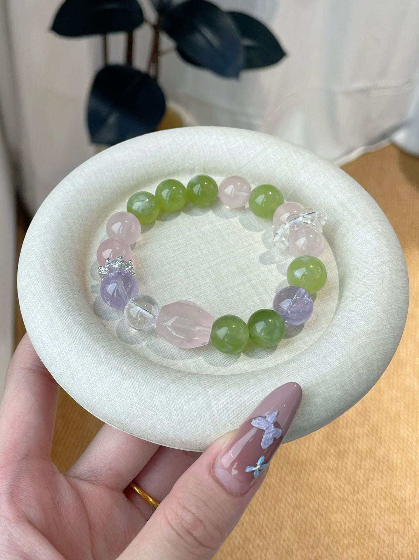 Pastel Harmony – Green Jade, Purple Chalcedony & Rose Quartz Bracelet