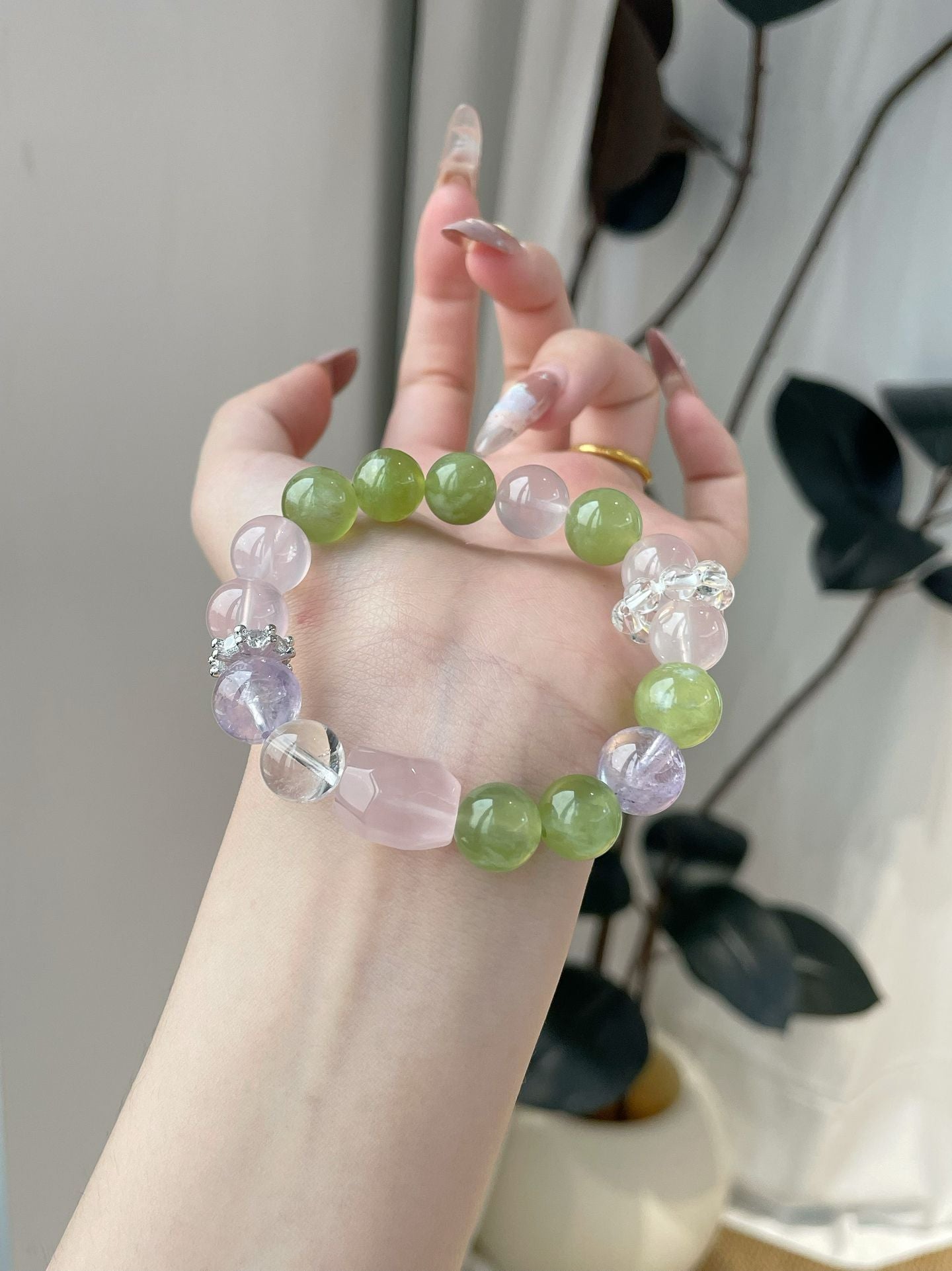 Pastel Harmony – Green Jade, Purple Chalcedony & Rose Quartz Bracelet