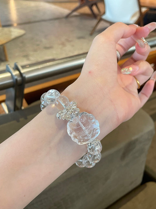 Crystal Whisper– Clear Quartz Carving Bracelet with Silver Bow Charm