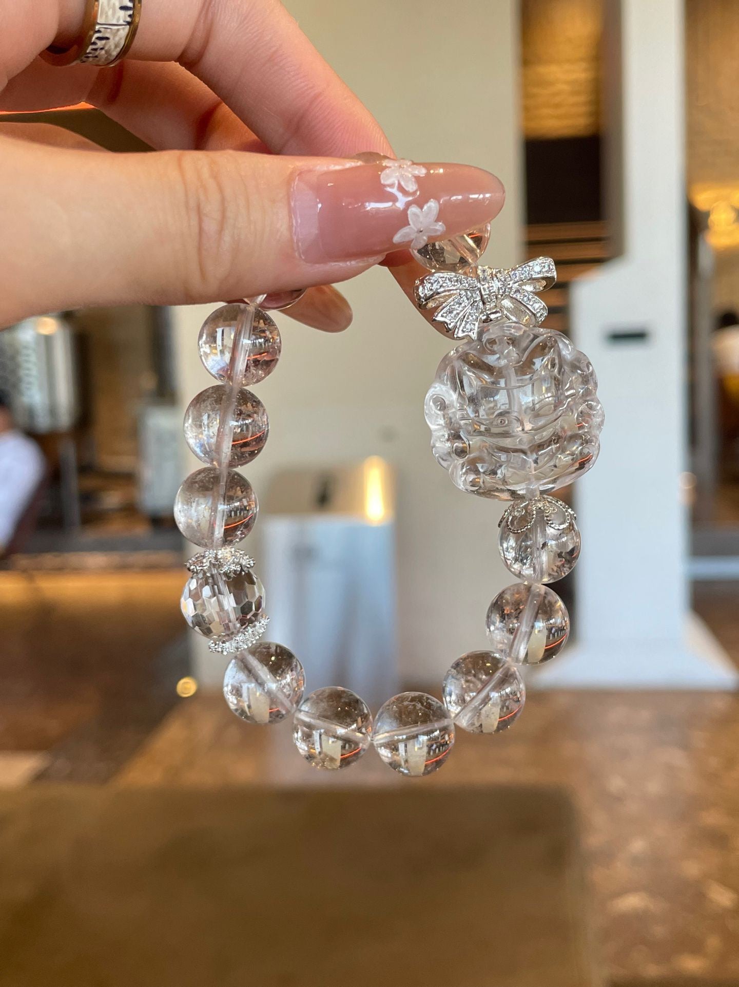 Crystal Whisper– Clear Quartz Carving Bracelet with Silver Bow Charm