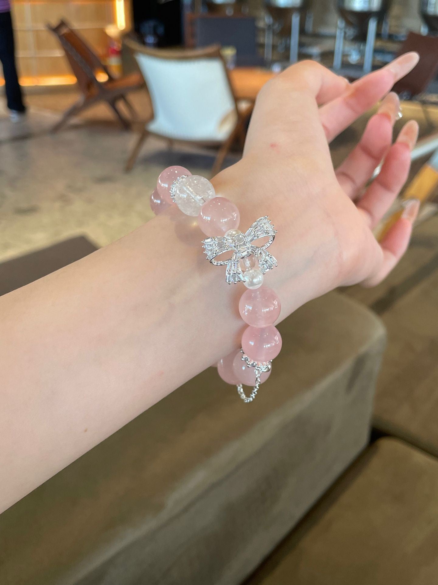 Blush Grace – Pink Quartz & Silk Bow Bracelet