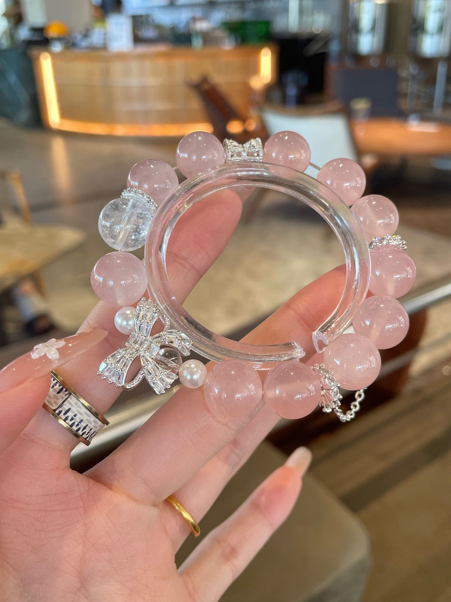 Blush Grace – Pink Quartz & Silk Bow Bracelet