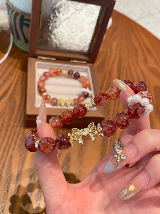 Red Phantom Quartz Bracelet with Golden Bow Charm
