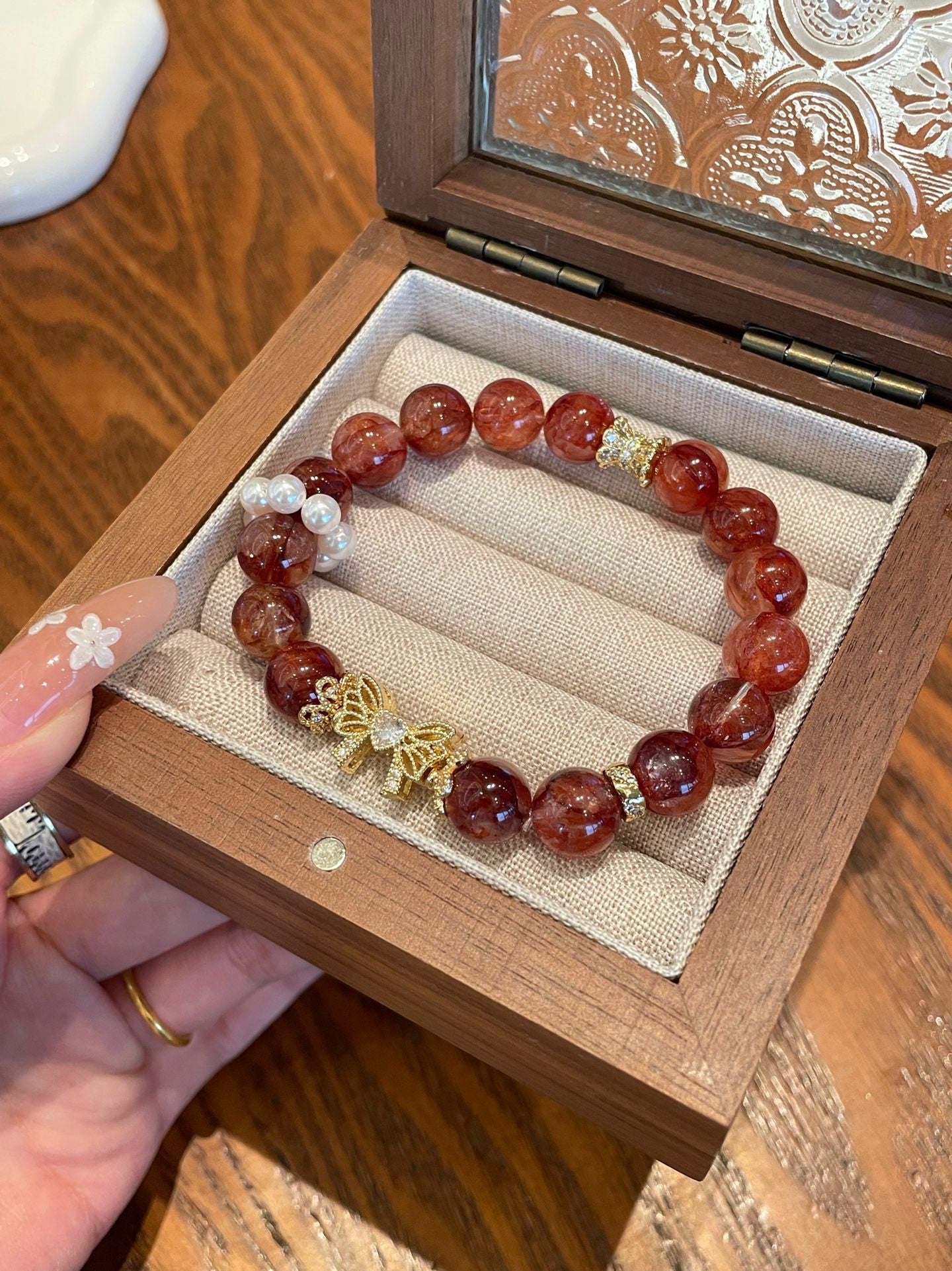 Red Phantom Quartz Bracelet with Golden Bow Charm