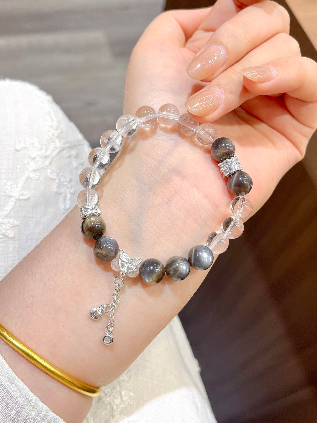 Shadowlight Harmony – Black Sunstone & Clear Quartz Bracelet